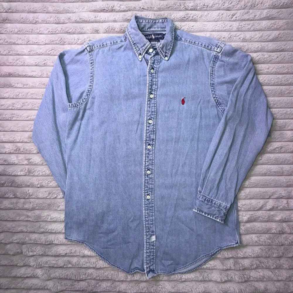Vintage 90's Ralph Lauren Polo Shirt Men's Medium Blue Denim Button Up Red Pony